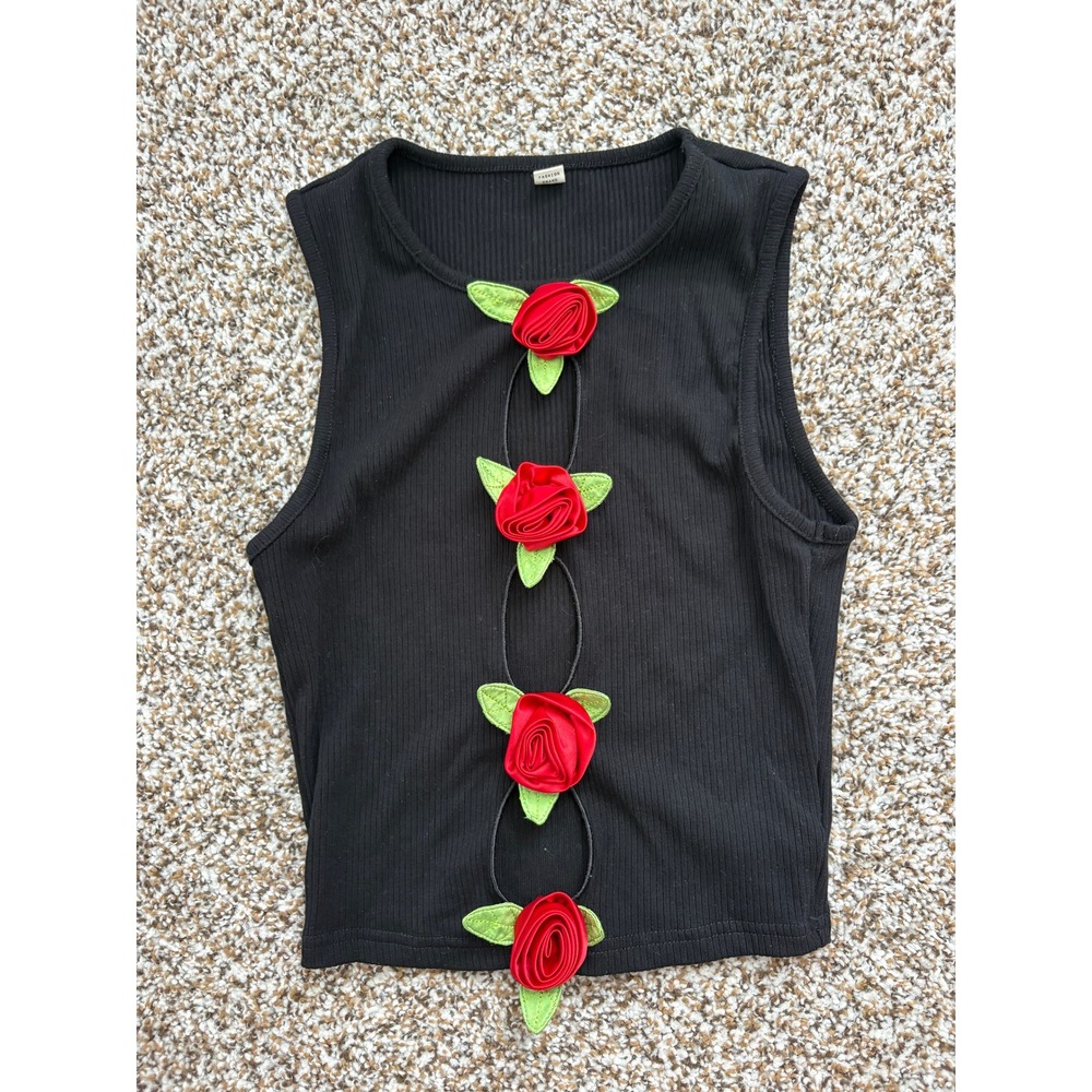 Three Hole Punch Roses Rib Tank Black Ribbed Crop Small Black 3D Rosette Floral - Picture 2 of 5